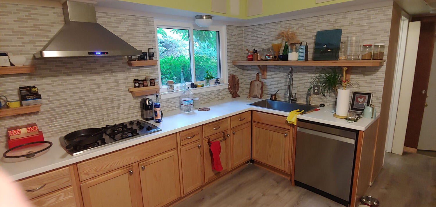 Tile backsplash, custom oak shelves